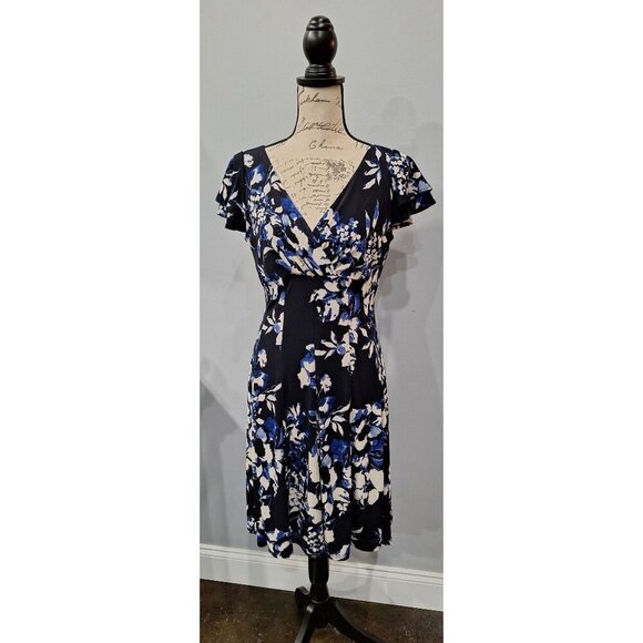 EUC Lauren Ralph Lauren Navy Blue Floral Petite Flutter Sleeve A-Line Dress/Sz. - Picture 1 of 6